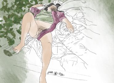 A man with long dark hair lays sleeping on his back with one knee up, and one leg hanging off of the bed. He is wearing a red robe, open, and a green shirt. He is nude from the waist down, an a pair of glasses lays next to one outstretched hand. Green watercolor leaves sweep up one side of the image, and circle over his head.