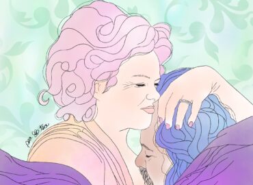 A soft pastel sketch of a woman with pink curly hair holding a man with long blue hair in her arms. They're under a purple blanket, and she is stroking his hair.