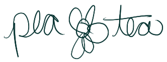 signature in green which reads "pea flower tea" with the flower depicted as a hand drawn flower design.