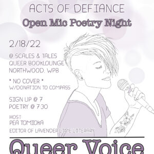 purple flyer depicting a person with a mohawk smiling with their eyes closed and holding a microphone. Text of the flyer reads in post below.