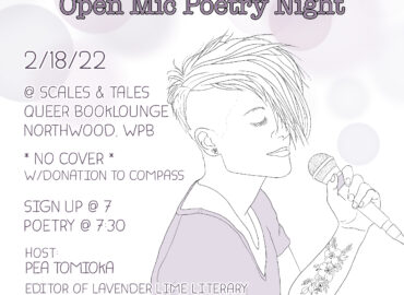 purple flyer depicting a person with a mohawk smiling with their eyes closed and holding a microphone. Text of the flyer reads in post below.