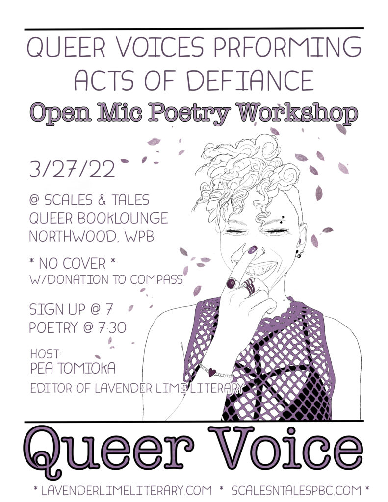 purple flyer depicting a person of color, presenting feminine, with a mohawk smiling with their eyes closed while laughing. Text of the flyer reads in post below.