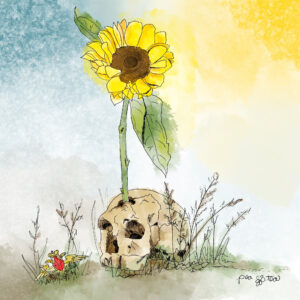 A tall sunflower grows from a human skull in the weeds against a blue and gold sky. A brass Russian military insignia lies in the weeds left of the skull.