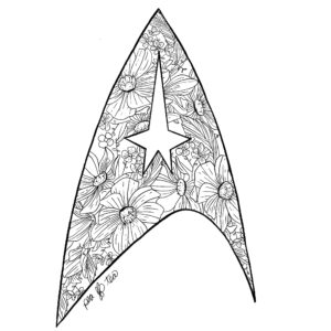 Sketch of a Star Trek com badge with black eyed susan flowers inside the badge.