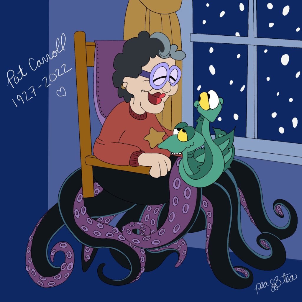 Cartoon of Grandma Arbuckle from Garfield. She is sitting in a rocking chair next to a snowy window. Her lower body is an octopus with black and purple tentacles. In her lap are two green eels with one yellow eye, drawn to mimic Jim Davis's style.