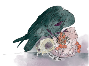 Sticker of a watercolor painting. Green/teal raven has one foot on a cat skull and bends head to look at a piece of rose quartz. Ther are marigold flowers surrounding the stone and skull.