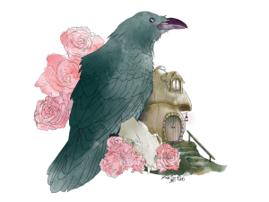 Sticker of a watercolor painting. Green/teal raven sits next to a small fairy house surrounded by pink flowers. He's next to a mink skull.