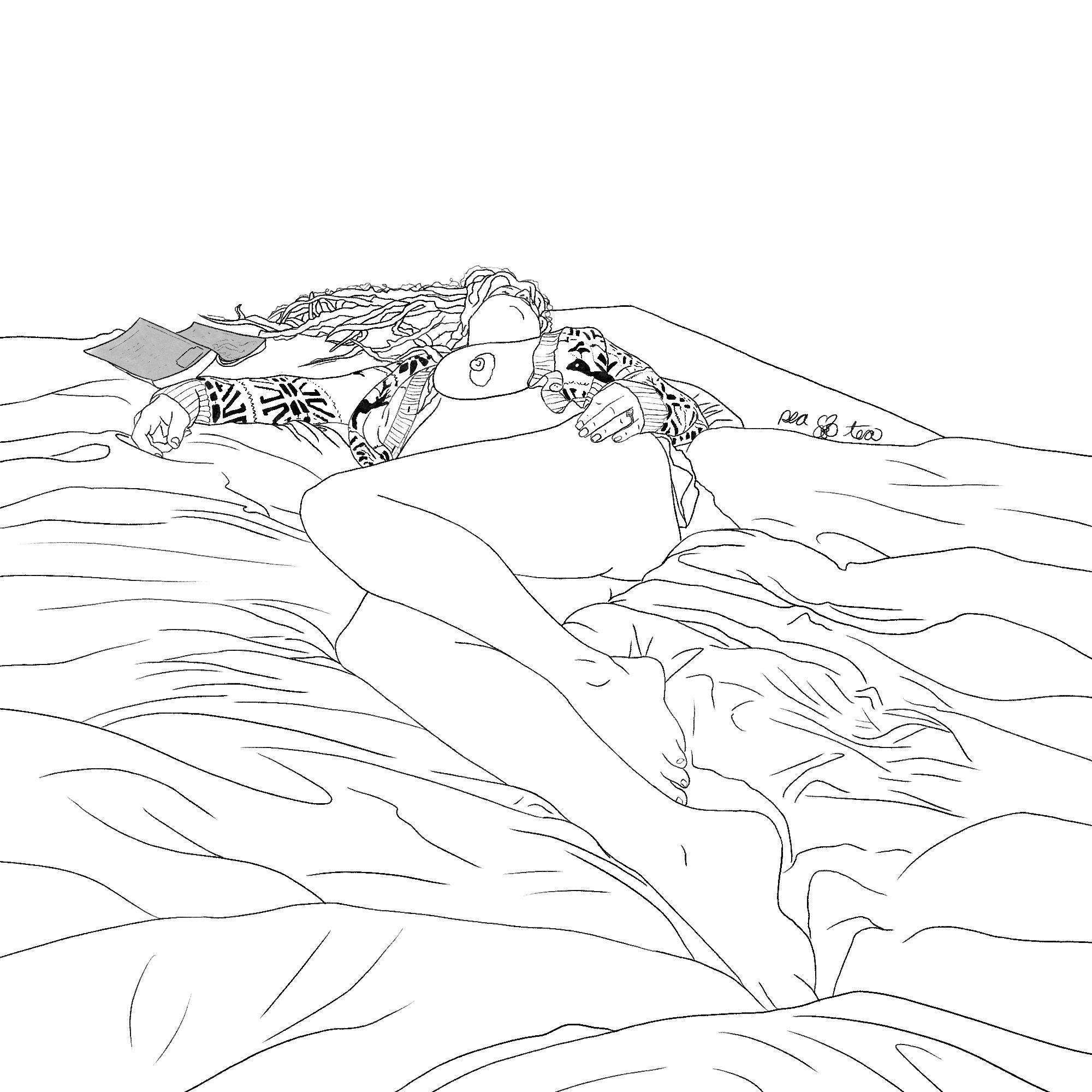 Pencil sketch of a nude woman in recline on a tousled bed. A book lays open, face down and forgotten near one outstretched arm as she sleeps.