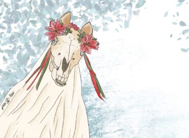 Colored pencil sketch of Mari Lwyd, the welsh horse skull christmas tradition. The skull has poinsettia flowers and ribbons on her head, and little blue leaves are swirling in the background.