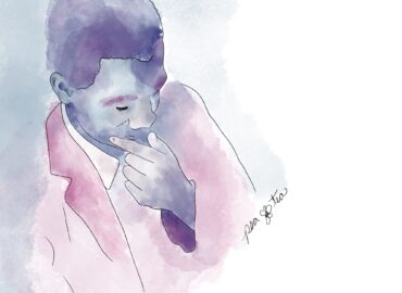 Watercolor painting of Henry Dumas rendered in purples, pinks, and blues.