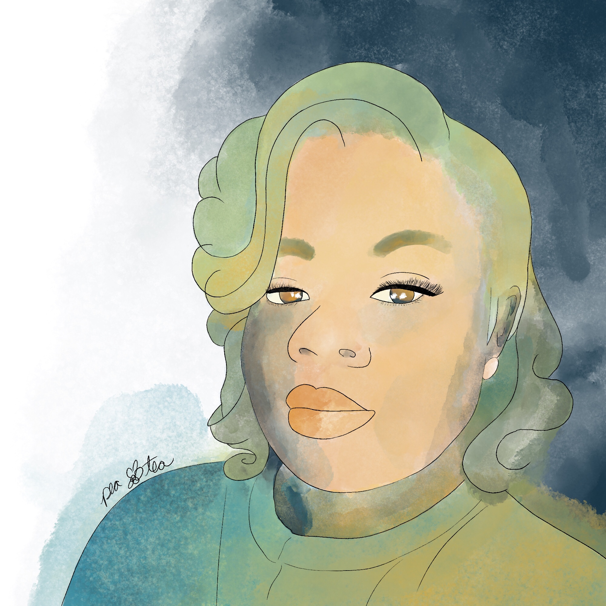 Watercolor painting of Breonna Taylor rendered in teals, greens, and browns.