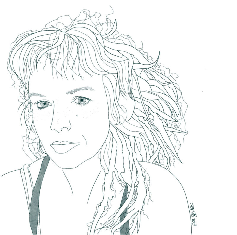 Graphite sketch of artist of a woman with wild long hair wearing a layered tank with several casual straps, drawn in dark green