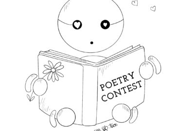 simple sketch of a cute robot with hearts for eyes reading a large book in thier lap, which reads, "Poetry Contest" across the cover. They are holding a little daisy in one hand and have three small hearts over their head.