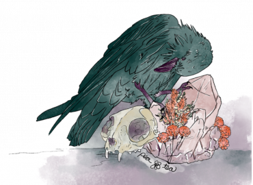 Sticker of a watercolor painting. Green/teal raven has one foot on a cat skull and bends head to look at a piece of rose quartz. Ther are marigold flowers surrounding the stone and skull.