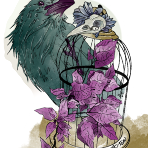 Sticker of a watercolor painting. Green/teal raven sits next to an antique cage filled with pink bougainvillea blossoms. A rook's skull is mounted to the top of the gold cage.